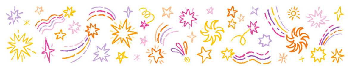 Star and firework crayon hand drawn background. Star color pattern. Crayon pencil doodle line firework comet illustration. Universe sparkle vector with pencil texture. Light pastel chalk magic kid bg