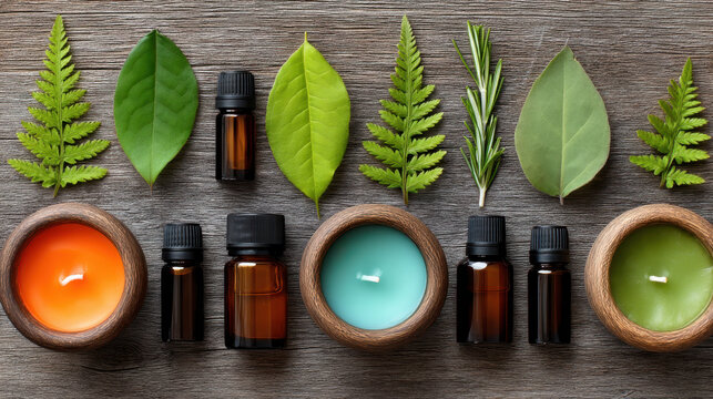 Calming flat lay of scented candles, essential oils, and fresh herbs on a wooden surface for a natural healing experience