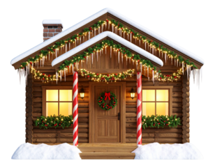 Cozy Exterior of Santa’s Workshop with Snowy Roof and Candy Cane Pillars, isolated transparent background png