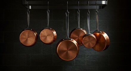 A stunning and elegant display of professional copper cookware, with various sized pots and saucepans hanging neatly from a black ceiling rack. 