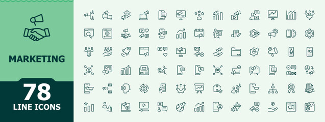 Marketing line icon set. Trendy minimal icons. Contains outline symbols like ads, digital, technology, advertising, business, advertising. Pictogram and infographic. Market icon set.