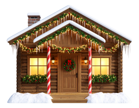  Cozy Exterior of Santa’s Workshop with Snowy Roof and Candy Cane Pillars, isolated transparent background png