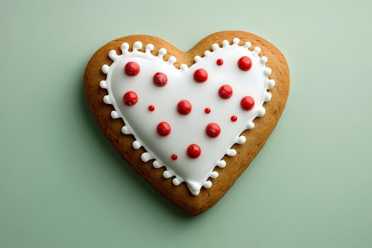 A decorated gingerbread heart cookie with white icing and red candy dots, isolated on a pastel honeydew green background - Powered by Adobe