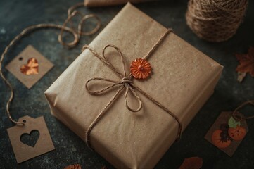 Beautifully Wrapped Gift Box with Rustic Charm Autumnal Packaging Inspiration