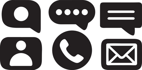 Isolated black contact icons, phone, email, mobile, envelope, user profile, address book, chat, call center, customer support, location pin, touch, message, communication symbols for service design