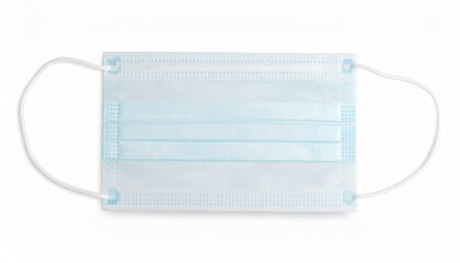Blue disposable face mask with white ear loops, laid flat on white background&mdash;symbolizing hygiene, public health, and sterile protection in contemporary daily life.
