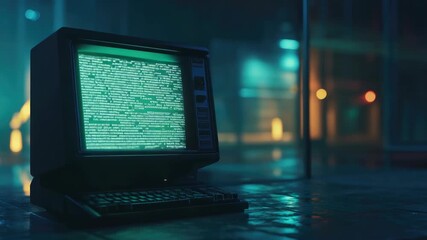Vintage computer with green text screen in dark, futuristic room - Powered by Adobe