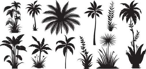 silhouette different type of palm tree vector set