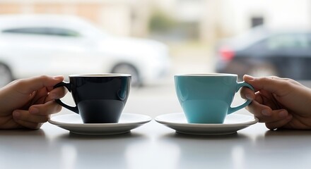 Two coffee cups, one black and one teal, ready for enjoyment.