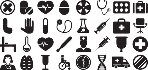 Isolated black hospital and health service icons, doctor tools, injection, stethoscope, thermometer, bandage, mask, DNA, medical report, ambulance, pill, patient for health awareness and clinic design