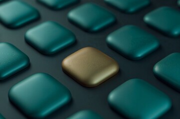 A unique golden square stands out from a grid of teal tiles. Abstract concept of individuality, leadership, and distinction.