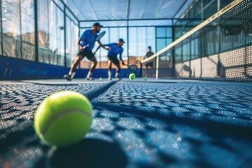 Dynamic padel match in progress with tennis balls in focus on a sunny blue court.