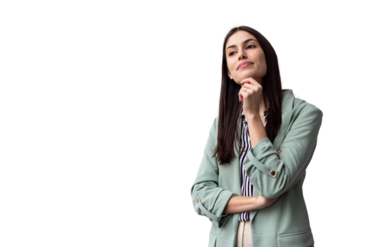 Businesswoman pondering strategy, hand resting pensively on chin against translucent backdrop