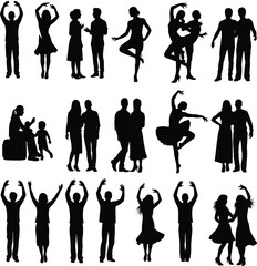 Silhouette figures dancing, meditating, performing stunts, black and white artistic poses for creative, fitness, motion, and lifestyle projects