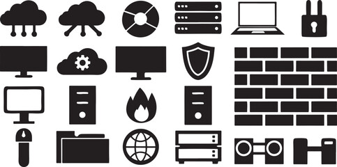 Isolated black cloud server and data storage icons, firewall, upload, download, processor, dashboard, internet system, network cable, router, software maintenance for hosting and tech visuals