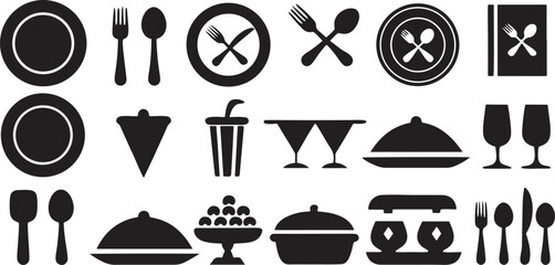 Isolated black dining and meal icons, plate, tableware, kitchen service, food menu, breakfast, lunch, snack, drink, cloche, tray, utensils for restaurant, hospitality and catering promotion