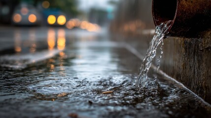 Awesome photo of rainwater flowing into city storm drain from downpipe in urban setting. Concept City Infrastructure, Stormwater Management, Urban Drainage, Environmental.