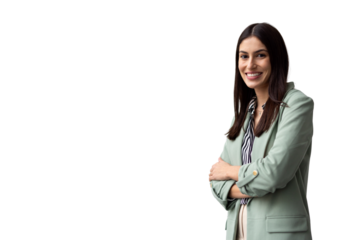 Studio portrait of a confident businesswoman smiling with crossed arms, isolated on a transparent background