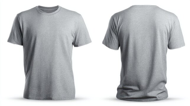 Awesome photo of heather grey T-shirt, front and back view, with soft fabric texture, isolated.