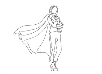 Single continuous line drawing superhero in cloak flutters in the wind. Successful business woman. Business success, leadership and victory. Hand drawn one line vector. Editable stroke