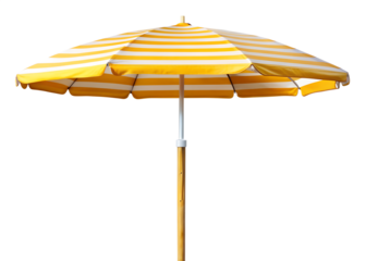 Yellow and white striped beach umbrella isolated on transparent background for sun protection and summer vacation around 120 characters
