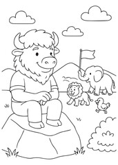 Coloring book page of a bison sitting on a rock talking to animal friends.