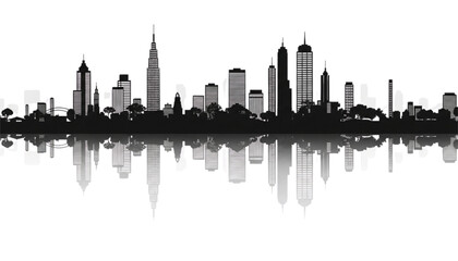 Obraz premium Silhouette of a modern city skyline with reflections against a white background.