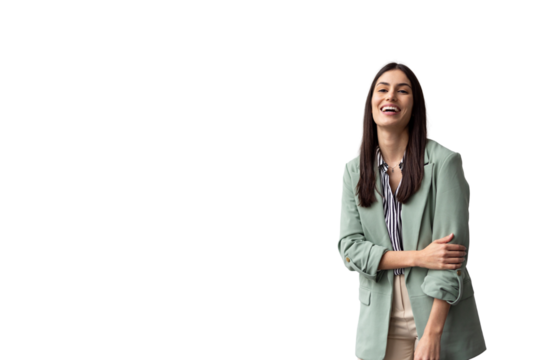 Studio portrait of a cheerful businesswoman laughing with transparent background, perfect for image editing and compositing