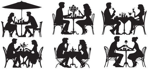 Couple having dinner at a restaurant silhouette set isolated white background vector. Black silhouette. Man and woman on date in restaurant. 