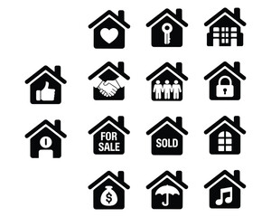 Obraz premium Black House Icons with Various Symbols on White Background