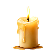 A lit wax candle with dripping wax and a bright flame isolated on transparent background
