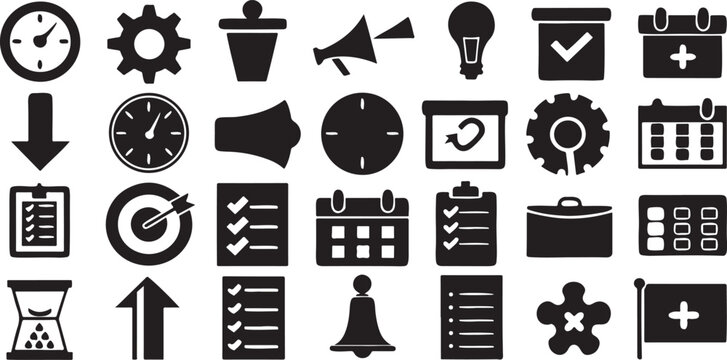 Isolated black checklist and team task icons, milestone, deadline, brief, strategy, calendar, roadmap, meeting status, collaboration chart for business project and productivity UI design
