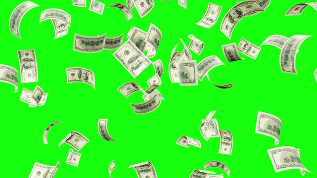 3d money rain green screen, Money explosion overlay isolated green screen chroma key and luma matte. Banknotes money flying down animation. dollars bills falling partical Video 4k.