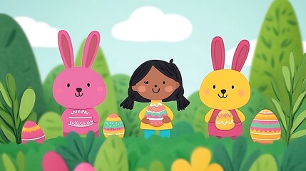 Cute children with easter eggs in a springtime setting.