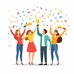 Obraz premium Joyful team celebrates success with confetti and trophy, sharing victory