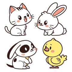 Obraz premium Funny cartoon animal set featuring cute baby rabbits and cats, perfect vector illustrations for children