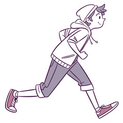 Happy young boy wearing a hoodie and cap running with a smile