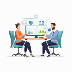 Fototapeta premium Dynamic business meeting with colleagues analyzing data charts on large screen for strategic planning