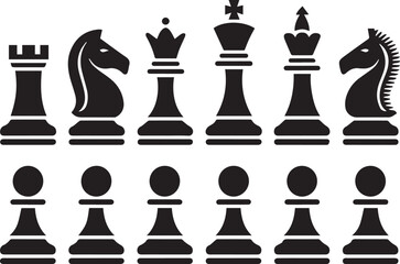 Complete Set of Black Chess Pieces in a Minimalist Silhouette Style