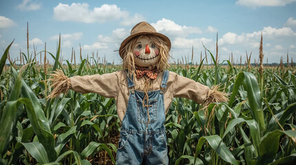 Scarecrow standing in cornfield under blue sky with clouds  
