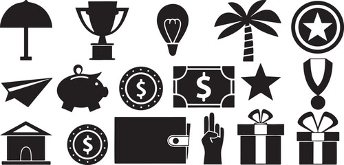 Isolated black reward and bonus gift icons, discount, offer, wellness support, employee benefit, salary package, happiness, success, incentive, insurance, value perks for business and HR designs