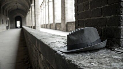 Gray fedora hat resting on stone ledge monochrome