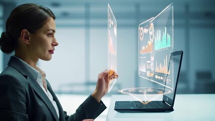 Professional businesswoman interacting with holographic charts, graphs, analytics dashboard from laptop. Corporate data visualization, augmented reality interface for financial performance analysis. - Powered by Adobe