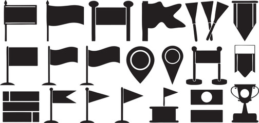 Isolated black flag and pole icons, waving banner, location pin, team symbol, map flag, navigation, unity and celebration icons for country, sports, and national day themed vector designs