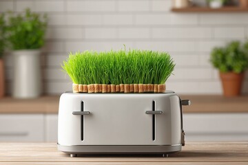 White toaster with slices of bread sprouting green grass instead of being toasted.