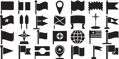Isolated black country flag and banner icons, waving flag, location pin, patriot symbol, navigation, celebration, emblem, sports rally, map flag for national, political, and festival design projects