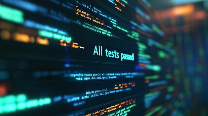 Close-up of JavaScript test framework console showing "All tests passed" message in green