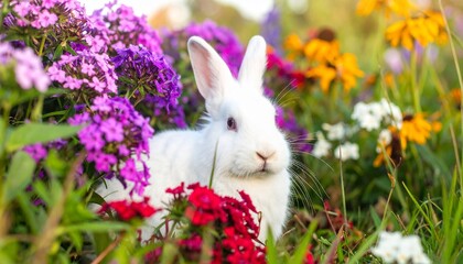 White Rabbit Resting Among Summer Wildflowers