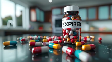 A colorful bottle of expired medication surrounded by scattered capsules on a kitchen counter, highlighting the importance of checking expiration dates.
