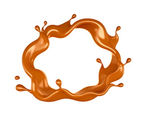 Liquid caramel splash forming a circular frame isolated on transparent background